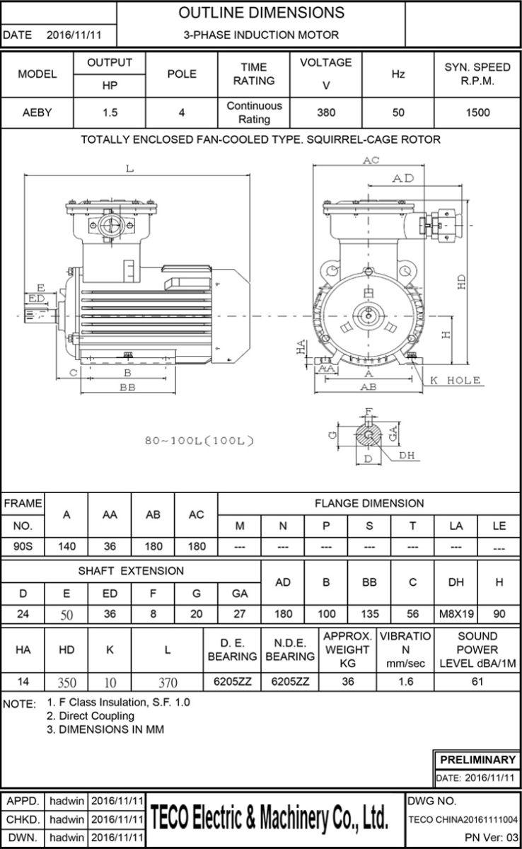 東元1.1KW 4P 臥式防爆電機(jī)尺寸圖